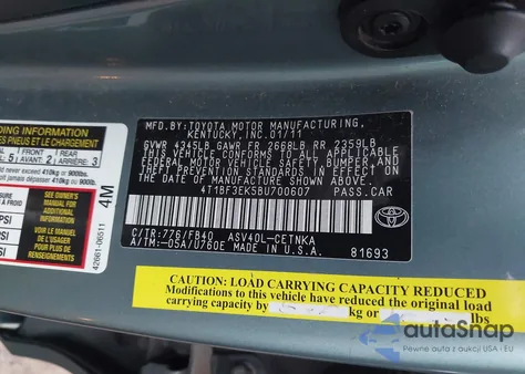 2011 Toyota Camry Le from USA, damaged, VIN 4T1BF3EK5BU700607